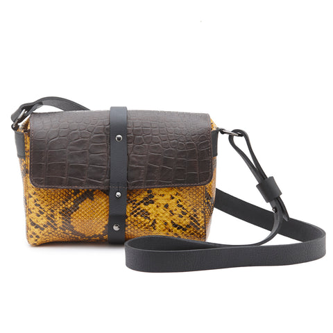 Sophia Boxy Satchel Mustard Snake/Brown Croc print leathers
