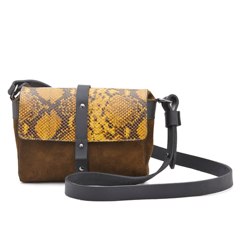 Sophia Boxy Satchel Khaki Suede/Mustard Snake print leather