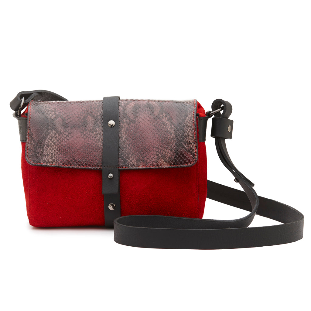 Sophia Boxy Satchel Red suede/Berry snake print leathers ONE AVAILABLE